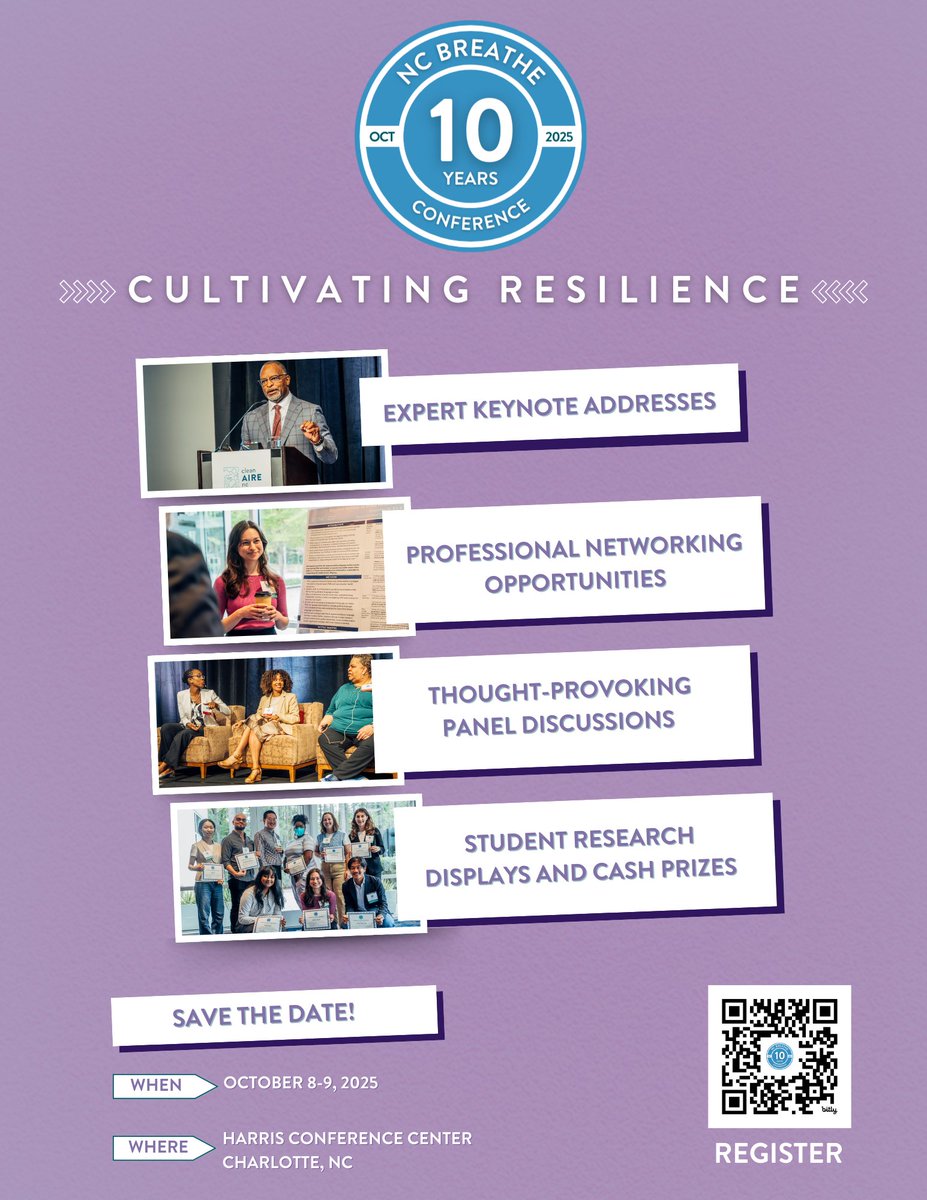 Let's build a resilient future! 🤝 

Celebrate 10 years of CleanAIRE NC at NC BREATHE 2025. Connect with fellow advocates and find solutions for a healthier NC. 

Registration opens April 22nd. 

#NCBREATHE2025