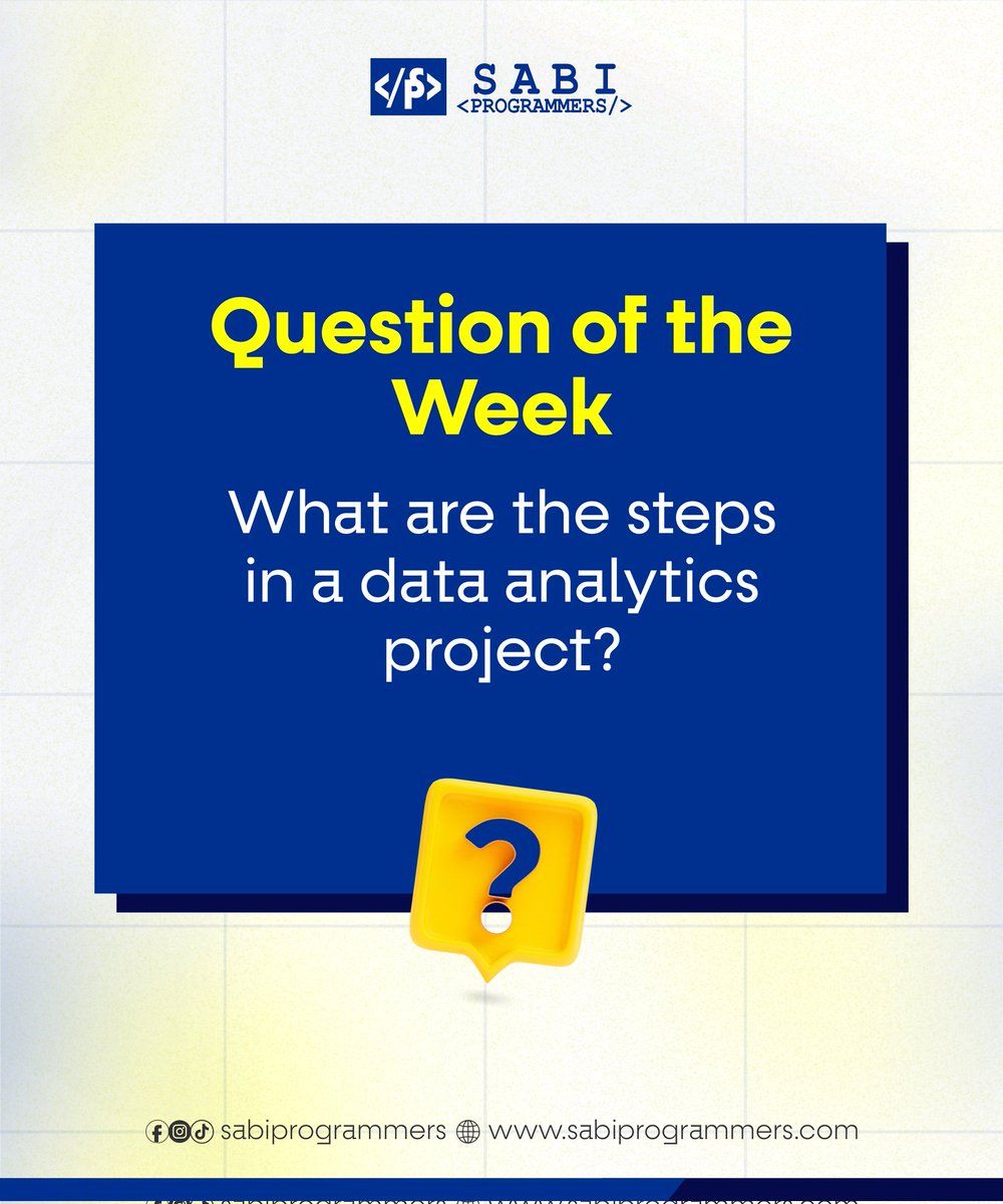 SabiProgrammers's tweet photo. What are the Steps in a Data Analytics Project?
This borders on data analytics.
Drop your answer in the comment section β€οΈ
A price might follow your reply
#sabiprogrammers
#questionoftheweek
#dataanalytics
#techquestion
#akure
#Tech https://t.co/HYRRDX49Uq