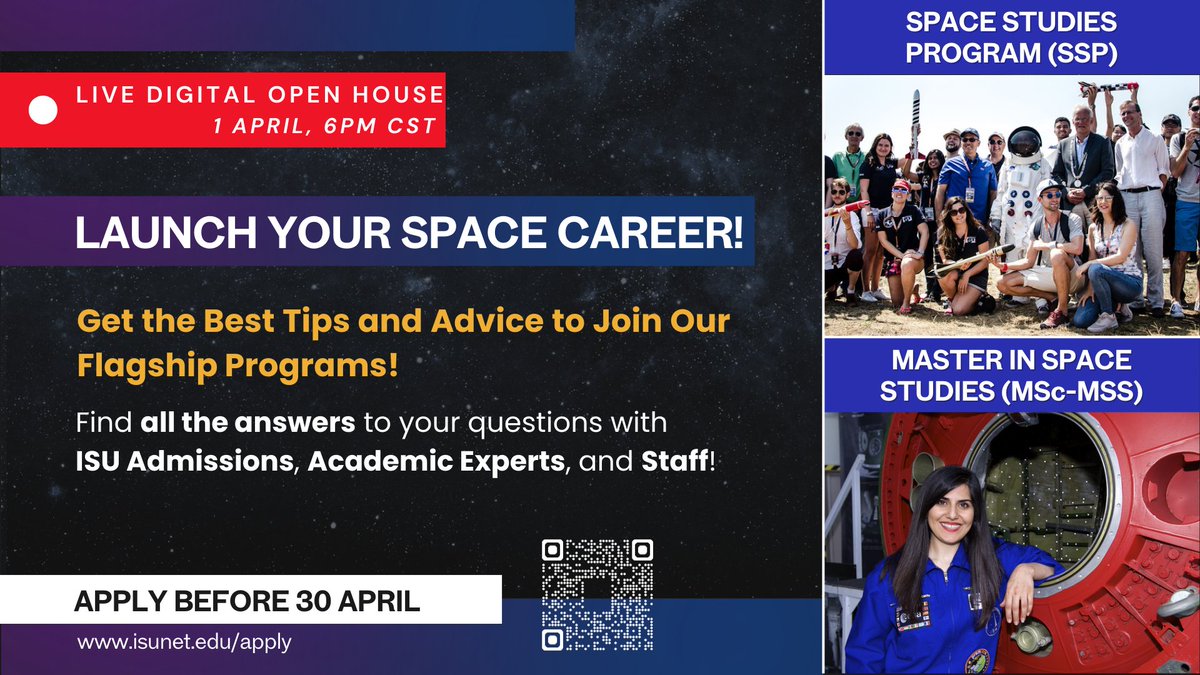 ISUnet's tweet photo. 🔴 LIVE WEBINAR | April 1 – 6 PM CST 🚀
Register now! https://t.co/2OxP2euyFF
📌Discover how to start your career in the #space sector by joining one of ISU’s flagship programs.
#SpaceCareer #ISU #SSP25 #MSS #Aerospace #SpaceIndustry https://t.co/SquhhTBhGs