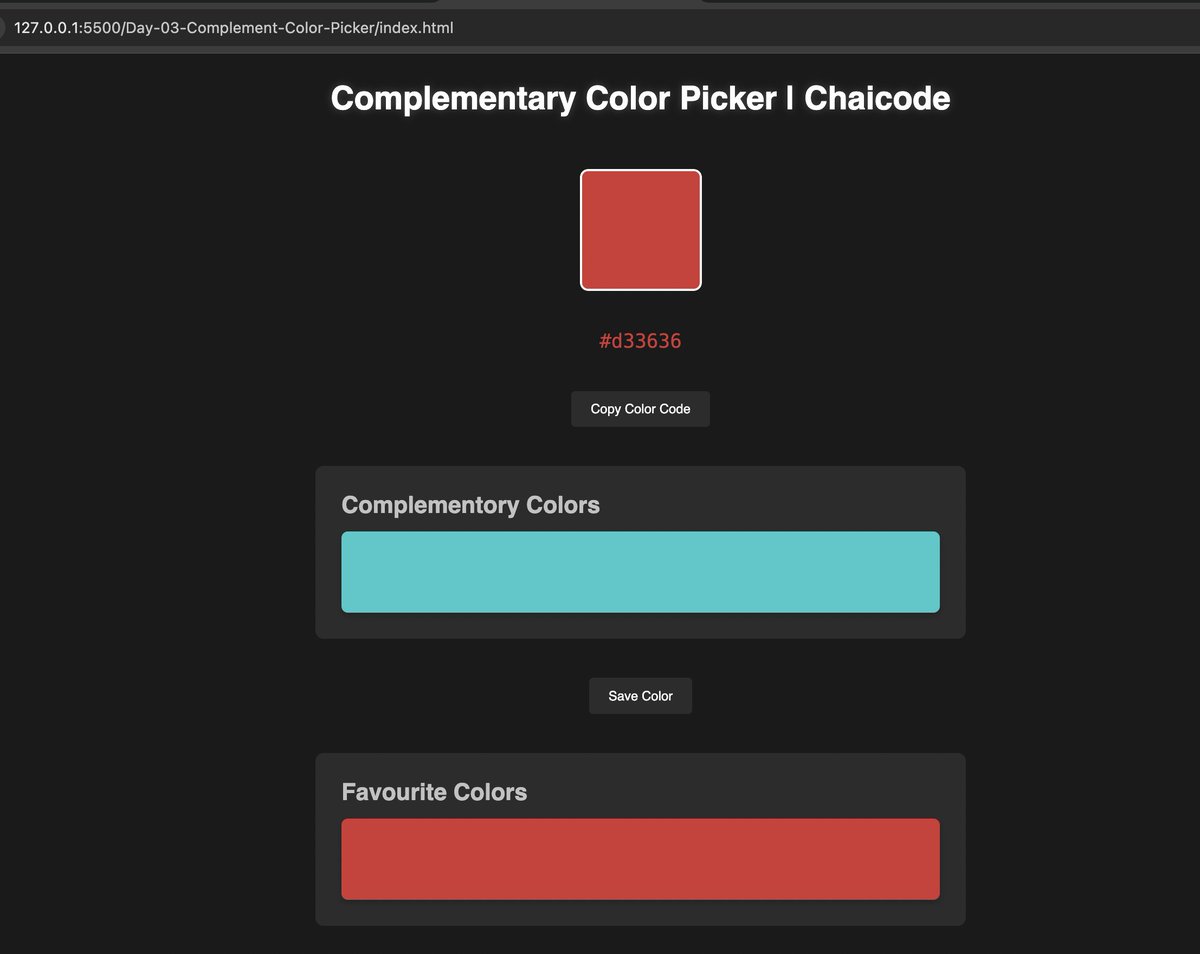 HarsshadPawar's tweet image. 🎨 Just built a Complement Color Picker for Day 3 of my #100DaysOfJavaScript challenge! 
select a color and instantly see its perfect complement color- super useful for designers and developers. Code is clean and responsive. Check it out: github.com/harsshadpawar/… 

#webdev…