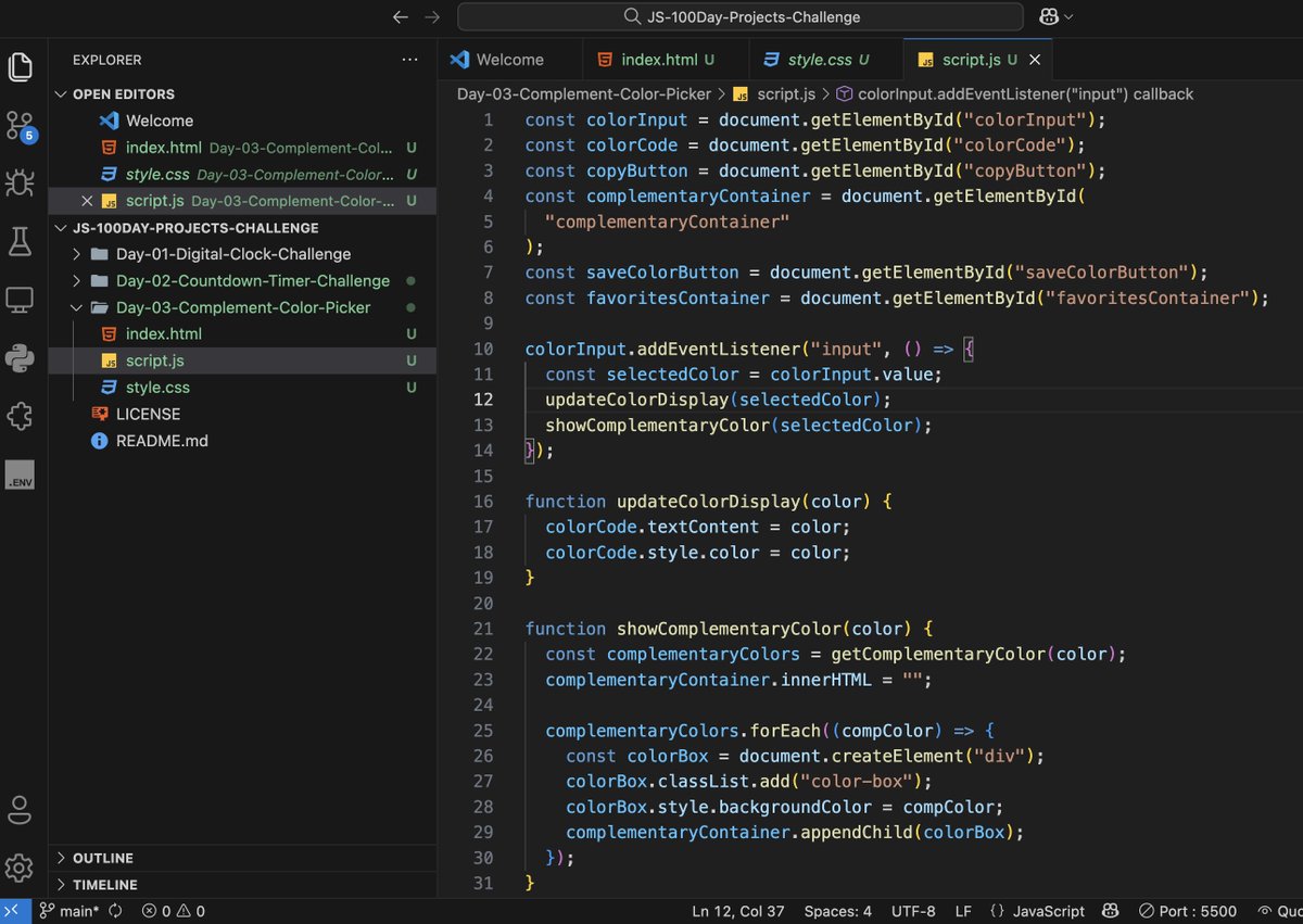 HarsshadPawar's tweet image. 🎨 Just built a Complement Color Picker for Day 3 of my #100DaysOfJavaScript challenge! 
select a color and instantly see its perfect complement color- super useful for designers and developers. Code is clean and responsive. Check it out: github.com/harsshadpawar/… 

#webdev…