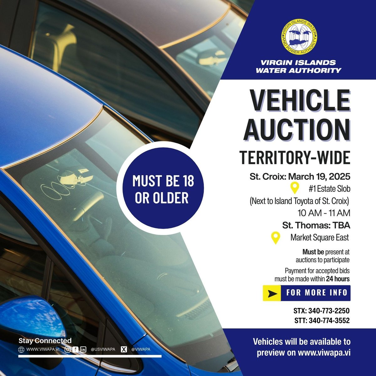 VIWAPA's tweet photo. Engines revving! 🏁 Today's the WAPA STX vehicle auction! 🚗💨 LIVE from 10-11 AM at #1 Estate Slob! Snag deals on vehicles (AS IS). Sealed bids by 11:30 AM! 
Listings: https://t.co/UNLBDQNKi1. 18+ &amp; in-person. Payment within 24hrs.

#VIWAPA #USVI #WAPA #Auction #CarAuction https://t.co/rM9o8IhVsJ