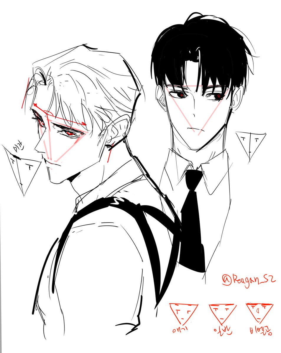 reagan_S2's tweet image. 뻘하게 얼굴이목구비 잡는 팁.....
역삼각형 그리는데 
종이마냥 세로로 살짝 접은느낌으로 그리고 인상따라 눈 눈썹 입 배치해주면 편함 (몇년전에 설명했던거 어디갔지 거적데기 러프라도 괜찮다면..)