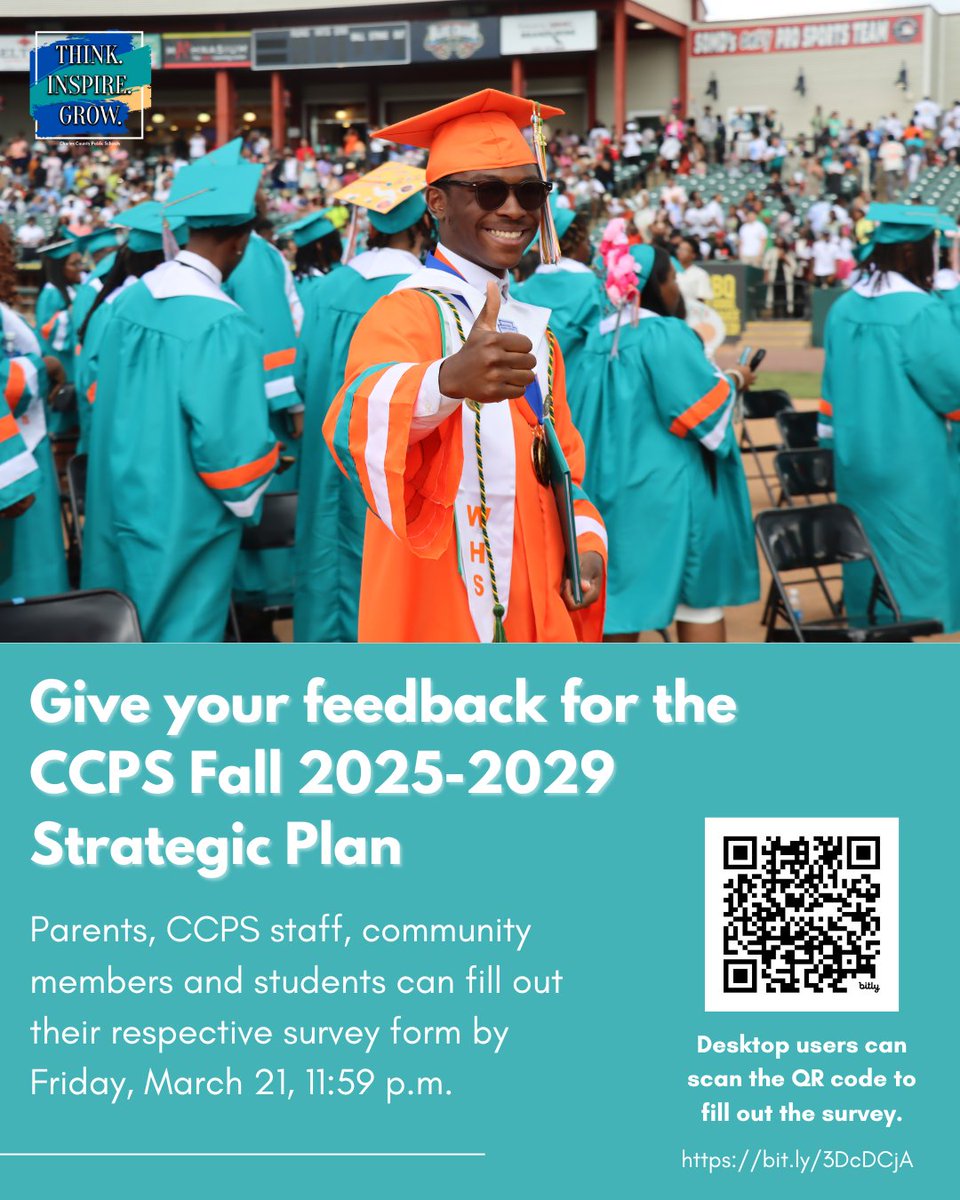 Parents, CCPS staff, students and community members can give feedback for the CCPS Fall 2025-2029 Strategic Plan. The deadline to fill out the survey is Friday, March 21, 11:59 p.m. To fill out the survey visit bit.ly/3DcDCjA.