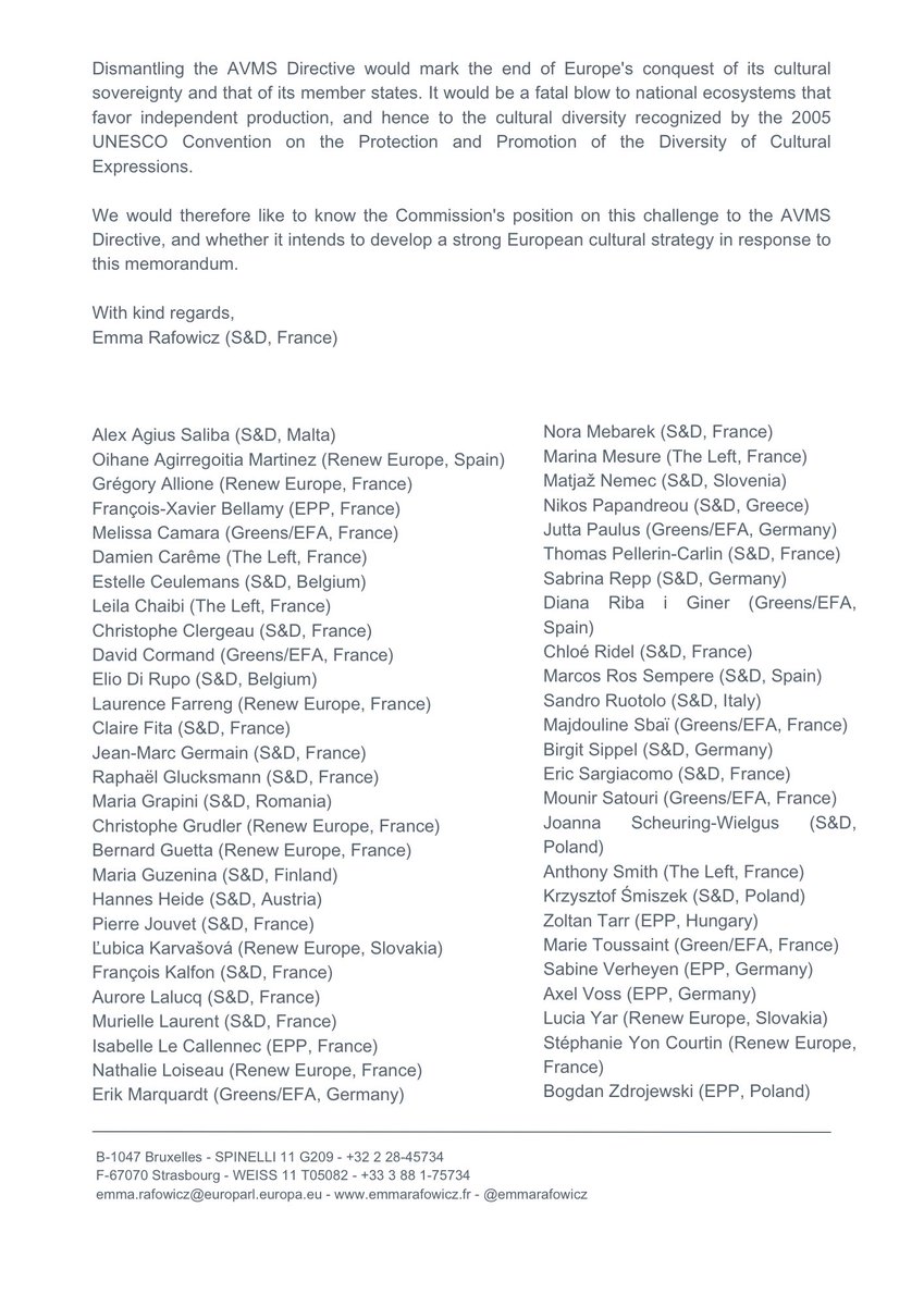 Avec 52 de mes collègues députés européens, j'ai écrit à Ursula von der Leyen pour qu’elle réagisse fortement, alors que les États-Unis attaquent une nouvelle fois l’Union Européenne.

En remettant en cause les quotas et obligations d’investissements imposés aux plateformes de