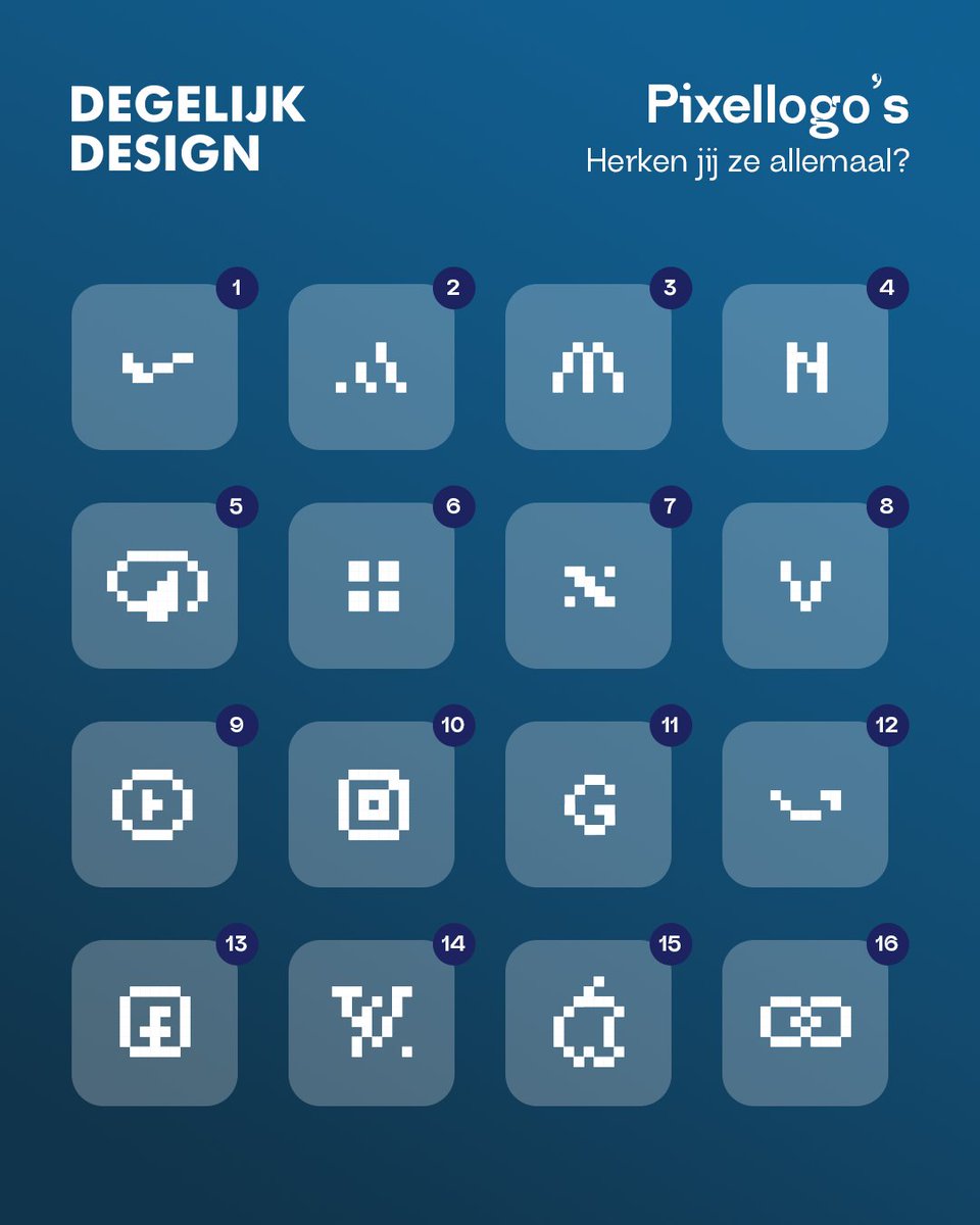 DegelijkDesign's tweet photo. 🔍 Herken jij ze allemaal? 🎮🧐

Logo’s worden meestal in vectoren ontworpen, maar wat als je ze terugbrengt naar hun pixelbasis? Dit zijn 16 iconische logo’s, maar dan pixel perfect!

Sommige zijn overduidelijk, andere... een flinke uitdaging. https://t.co/lXTbSTMm68
