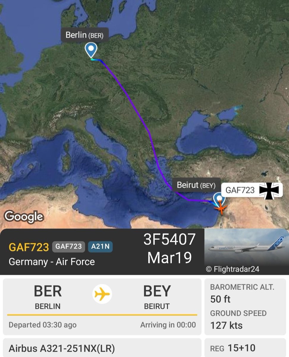 LebanonJets's tweet photo. Video+ATC: #Germany's Foreign Minister Annalena Baerbock arrived into a windy #Beirut #Lebanon from #Berlin on 15+10 #3F5407 #GAF723 https://t.co/2Lw4x155AR