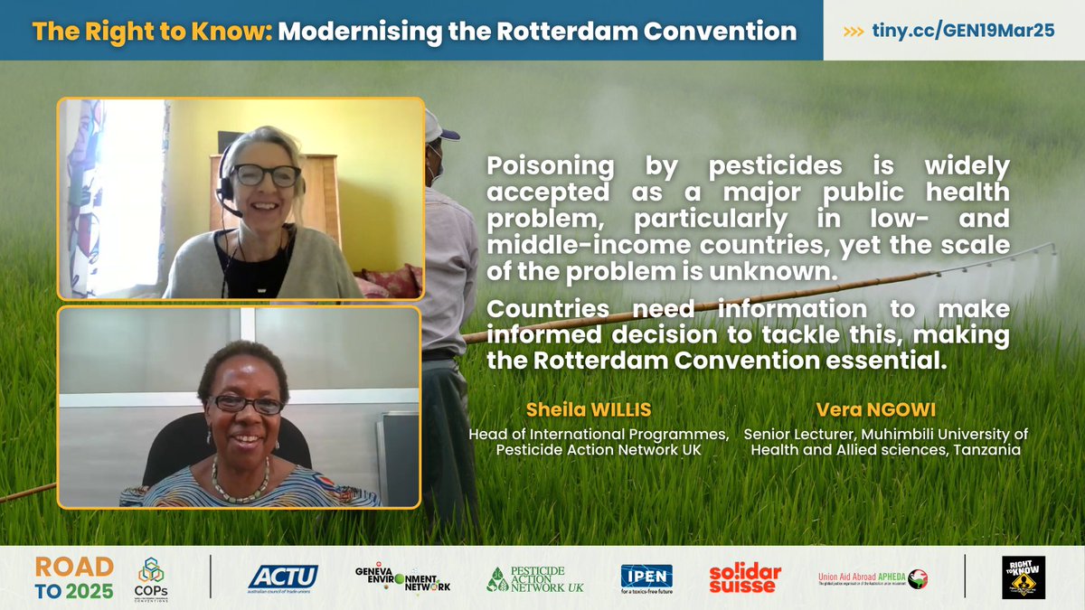 GENetwork's tweet photo. @unionsaustralia @PAN_UK @ToxicsFree @Solidar_Suisse @apheda @SRtoxics @LION_Indonesia @ilo @brsmeas @muhimbiliuniver @solidarsuisse Presenting a case study on unintentional acute #pesticide poisoning in #Tanzania, Sheila Willis of @PAN_UK &amp; Vera Ngowi of @muhimbiliuniver underscore urgency of action and ensuring the #RightToKnow to make the invisible visible, through stronger data collection &amp; surveillance. https://t.co/X0urxFj4lj