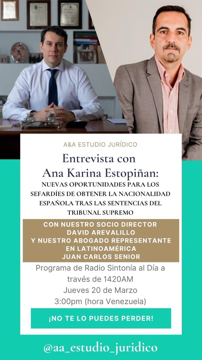 Juancsenior's tweet photo. No se pierdan nuestra entrevista en el programa Sintonía Al Día por Radio Sintonía 1420 AM el jueves a las 3 pm. Tocaremos el tema de las Nuevas Oportunidades para los Sefardies de obtener la Nacionalidad Española tras las Sentencias del Tribunal Supremo de España. https://t.co/SATrOHn8aG