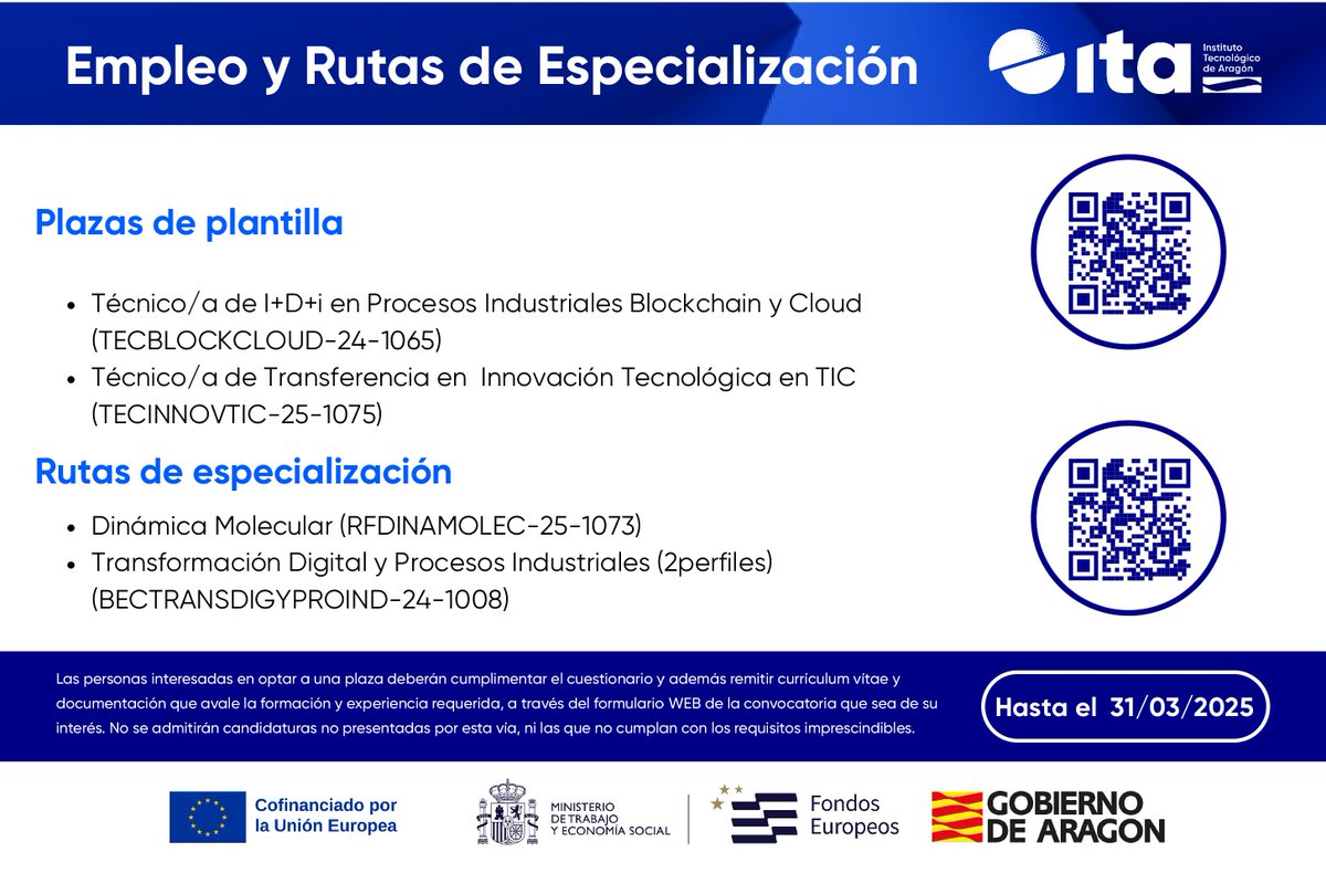 #empleo #empleoITA2025

Esta semana, te anunciamos nuestra oferta de 2 plazas de plantilla y 3 de rutas de especialización. 

Consulta y envía tu CV antes del 31 de marzo de 2025.
ita.es/ita/unete/