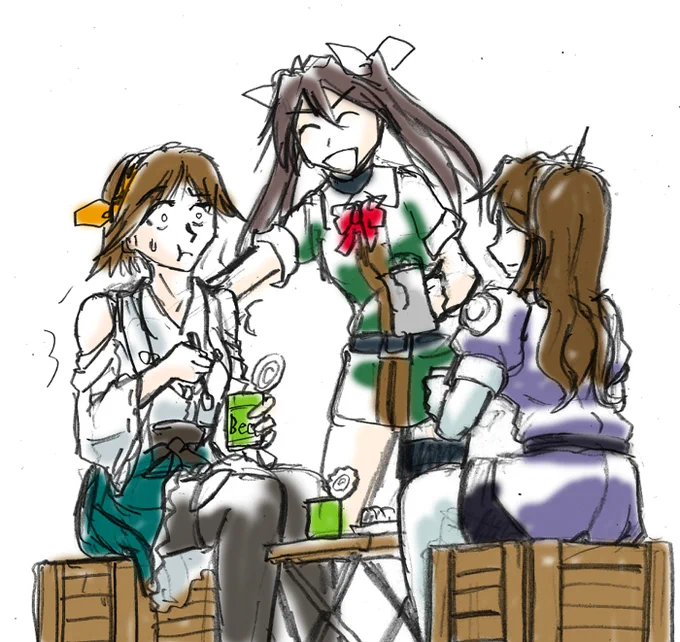 豆の缶詰を食べる艦娘たちです。こんなのでも温かい食事だったら、それはもう突撃の前兆なんだよ! 