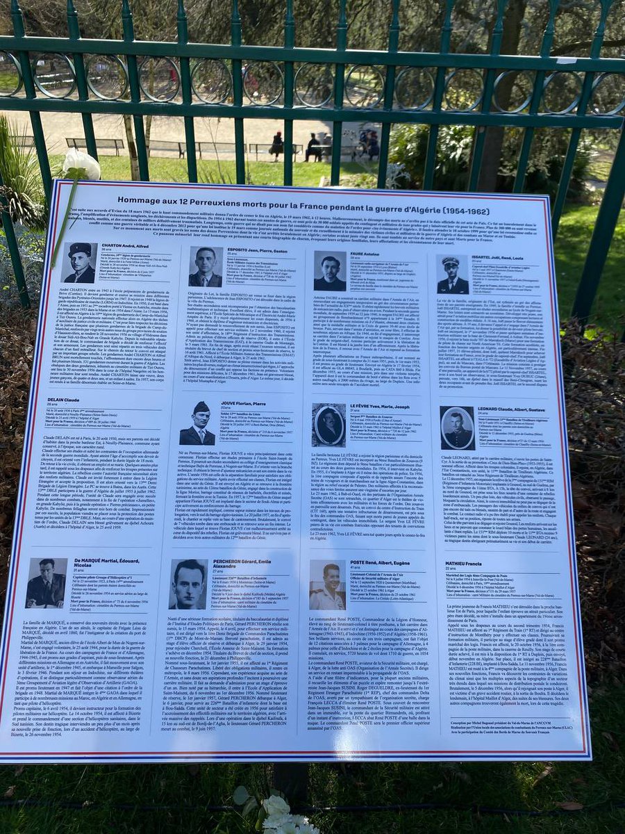 MathieuMlefevre's tweet image. 🇫🇷 Au Perreux sur Marne, en ce #19mars, pour penser à toutes les victimes civiles et militaires tombées en Algérie, au Maroc et en Tunisie.

👮‍♂️ Hommage au gendarme André Charton, mort pour la France.