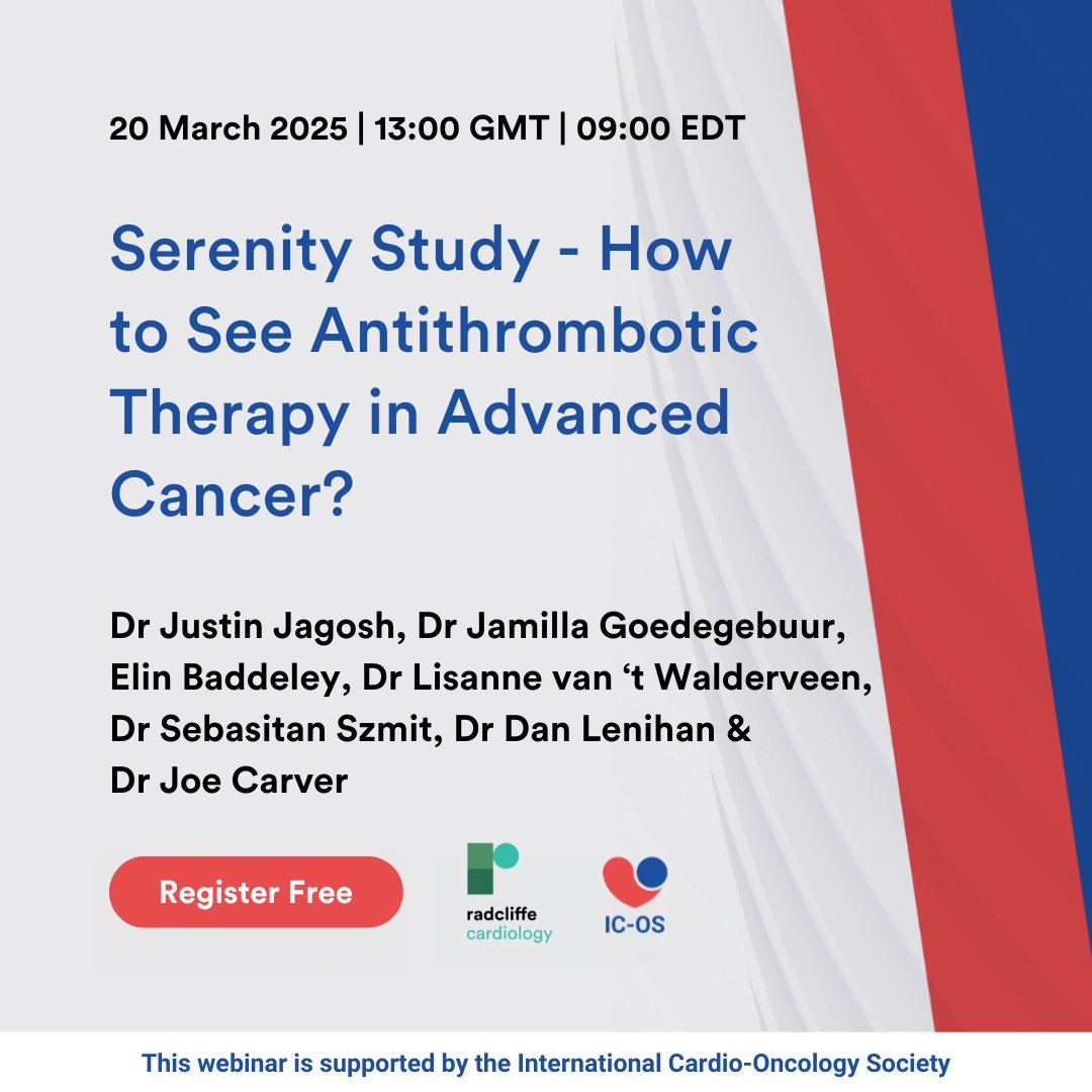 'Serenity Study - How to See Antithrombotic Therapy in Advanced Cancer?' is live TODAY at 13:00 GMT | 09:00 EDT – it's not too late to register for free 👉 ow.ly/NV0250VkHAN

Join Dr Justin Jagosh, Dr Jamilla Goedegebuur, Research Associate Elin Baddeley, Dr Lisanne van‘t