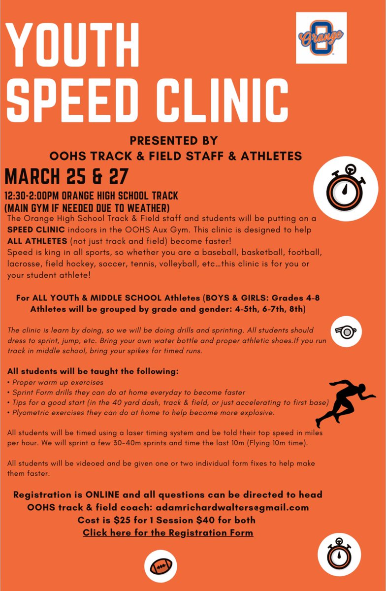 Our Track and Field program is holding a Speed Clinic over Spring Break! 

Info below👇

Roll Neers🍊