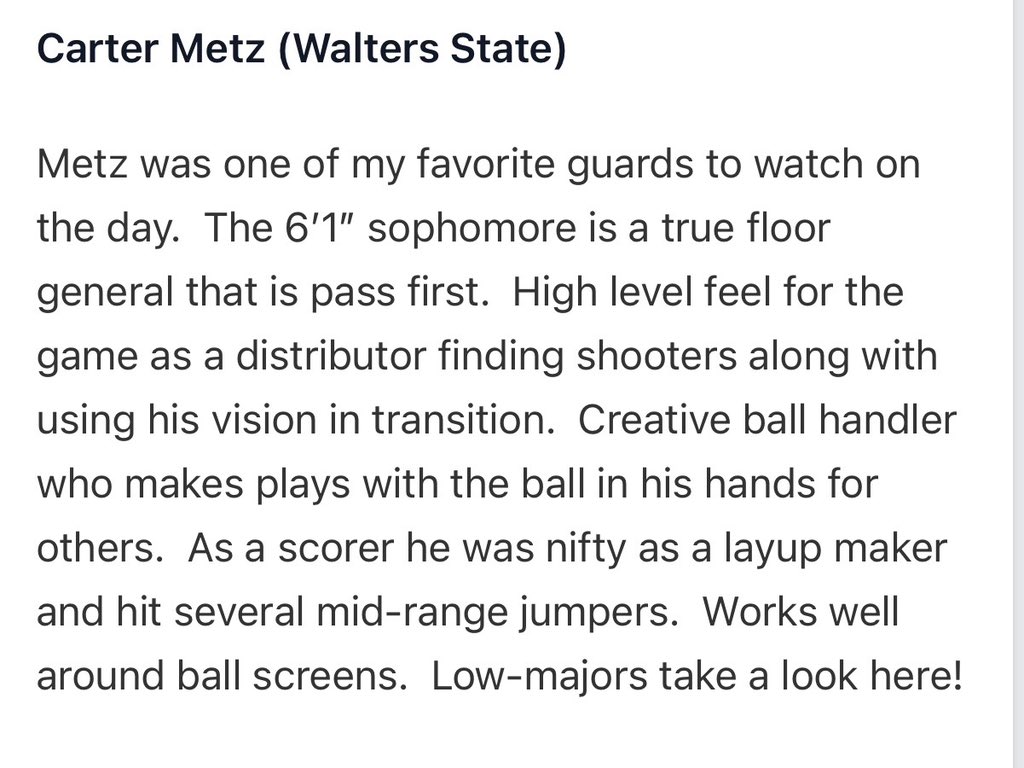 MBBWaltersState's tweet image. 2024-25 Highlights🎞️🔴🔵🏀🤘🏽
#WaltersUp
#2 Carter Metz
6-1 Soph | Rogersville, TN
📚May 2025 | 3.7 GPA 📝🔥
Carter is a pass 1st PG that can shoot it.
TN State HS & TN Juco Champion!!
49-11 Record @ WSCC
52% -3’s
4.0 Assist Per Game
Player Comparison: TJ McConnell
