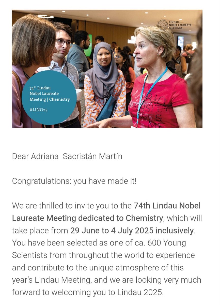 Adriana Sacristán Martín (@adriana_sac_mar) on Twitter photo Feeling very excited and grateful to be selected for the 74th Lindau Nobel Laureate Meeting in Chemistry! A huge thank you to <a href="/uni_ulm/">Universität Ulm</a> for the nomination and to <a href="/mvdelius/">Delius Lab 🇪🇺🇺🇦</a> for the amazing support throughout my postdoctoral journey 🤩🤩 #LINO25 Feeling very excited and grateful to be selected for the 74th Lindau Nobel Laureate Meeting in Chemistry! A huge thank you to <a href="/uni_ulm/">Universität Ulm</a> for the nomination and to <a href="/mvdelius/">Delius Lab 🇪🇺🇺🇦</a> for the amazing support throughout my postdoctoral journey 🤩🤩 #LINO25