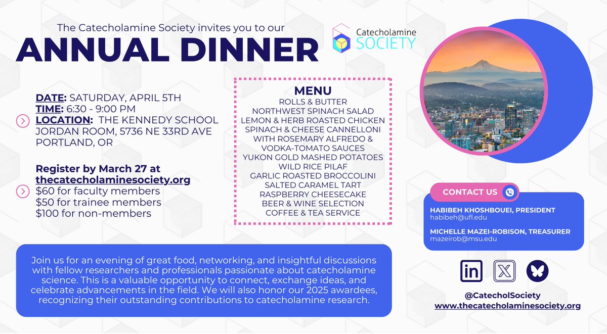 🚨 Reminder: Tickets are still available for the Catecholamine Society Annual Dinner on April 5 in Portland!

🎟️ $50 Trainee | $60 Member | $100 Non-Member
⏳ Register by March 27: thecatecholaminesociety.org/annual-club-di…
(Correction: The deadline is March 27, not March 17.)