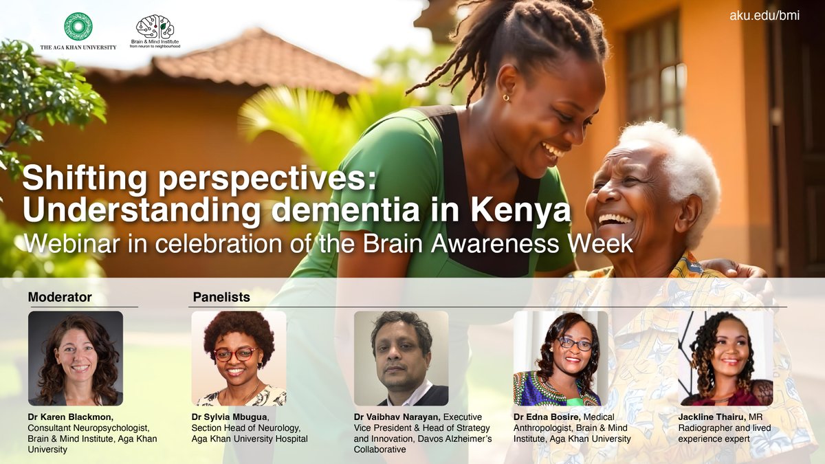 AKU_BMI's tweet photo. How do cultural beliefs, systemic challenges and awareness shape dementia care?

Join us for the webinar "Shifting Perspectives: Understanding Dementia in Kenya" on Thursday, April 3, 2025, at 2 PM EAT | 4 PM, PKT. We will discuss how stigma and misinformation affect diagnosis, support and policy, and explore how research can drive better care and advocacy.

Register today!  https://t.co/rcRp7r5RsI

#DementiaAwareness #EndTheStigma #BrainHealth #DementiaCare #HealthyAging