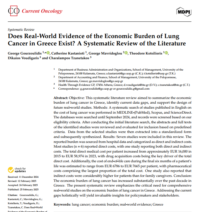 EvidenceThrough's tweet image. We are delighted to share our latest publication: "Does #Real -World Evidence of the #Economic Burden of Lung #Cancer in Greece Exist? A Systematic Review of the Literature" in @CurrentOncology.
📖 Read the full study here: lnkd.in/dyj-kMsx