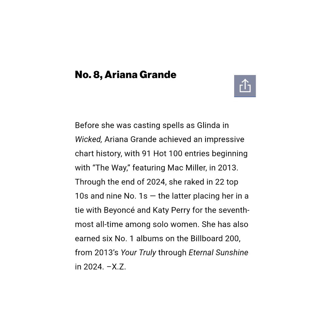 ariana has been named <a href="/billboard/">billboard</a>’s 8th biggest female artist of the 21st century (2000-2025) 🌟

she is the youngest female artist in the top 10