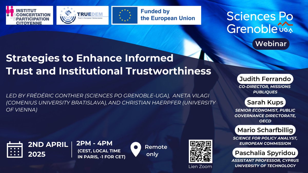 TrueDem (@truedem_eu) on Twitter photo 📢📢📢Strategies to Enhance Informed Trust and Institutional Trustworthiness
with Judith Ferrando <a href="/MPubliques/">Missions Publiques</a> Sarah Kups <a href="/OECD/">OECD ➡️ Better Policies for Better Lives</a> <a href="/scharfbillig/">Mario Scharfbillig</a> <a href="/EU_ScienceHub/">EU_ScienceHub</a> Paschalia Spyridou <a href="/CyUniTech/">Cyprus University of Technology</a>
<a href="/FredGonthier_/">Frederic Gonthier</a> <a href="/sciencespo/">Sciences Po</a> <a href="/ComeniusUni/">Comenius University Bratislava</a> <a href="/CHaerpfer/">Christian Haerpfer</a> <a href="/univienna/">Universität Wien</a>
truedem.eu/events/webinar… 📢📢📢Strategies to Enhance Informed Trust and Institutional Trustworthiness
with Judith Ferrando <a href="/MPubliques/">Missions Publiques</a> Sarah Kups <a href="/OECD/">OECD ➡️ Better Policies for Better Lives</a> <a href="/scharfbillig/">Mario Scharfbillig</a> <a href="/EU_ScienceHub/">EU_ScienceHub</a> Paschalia Spyridou <a href="/CyUniTech/">Cyprus University of Technology</a>
<a href="/FredGonthier_/">Frederic Gonthier</a> <a href="/sciencespo/">Sciences Po</a> <a href="/ComeniusUni/">Comenius University Bratislava</a> <a href="/CHaerpfer/">Christian Haerpfer</a> <a href="/univienna/">Universität Wien</a>
truedem.eu/events/webinar…
