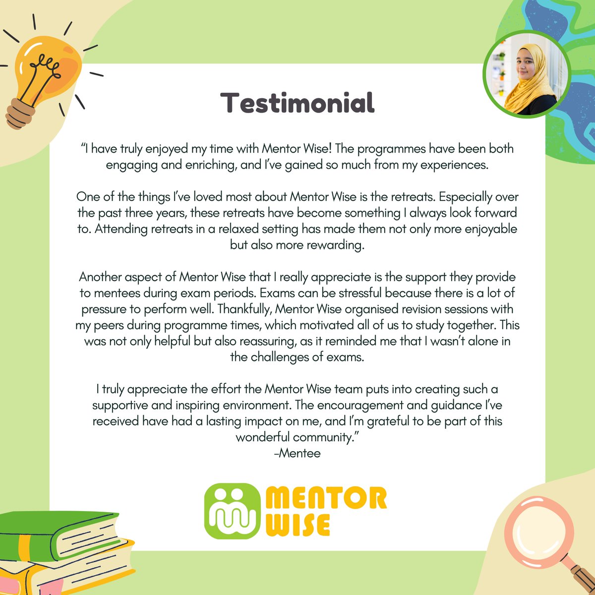 MentorWiseUK's tweet image. A testimonial from our mentee ⭐

#MentorWise #inspiration #guidancethatmatters #mentorship #studentsuccess #personalgrowth #educationmatters #studymotivation #academicsuccess #growthmindset #makinganimpact #mentorshipmatters #positivechange