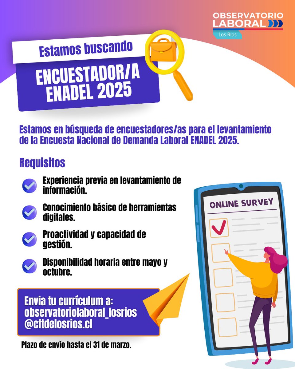 📢 ¡OFERTA LABORAL! 📢El OLR Los Ríos está en búsqueda de encuestadores/as para el levantamiento de ENADEL 2025 en la Región de Los Ríos. 
📍 Si tienes habilidades de comunicación y te interesa el trabajo en terreno, ¡únete a nuestro equipo!
📩 Envíanos tu CV. ¡Te esperamos!