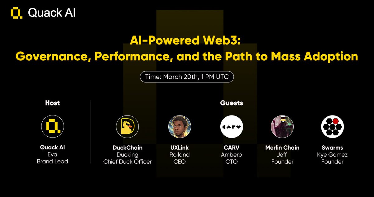 Quack AI’s First Twitter Space Kicks Off Tomorrow!

We’re bringing together top industry leaders to explore how AI is transforming Web3 governance, performance, and mass adoption. You won’t want to miss this!

⏱️ March 20th, 1 PM UTC
🔗 x.com/i/spaces/1jMJg…

🦾 Guest Speakers: