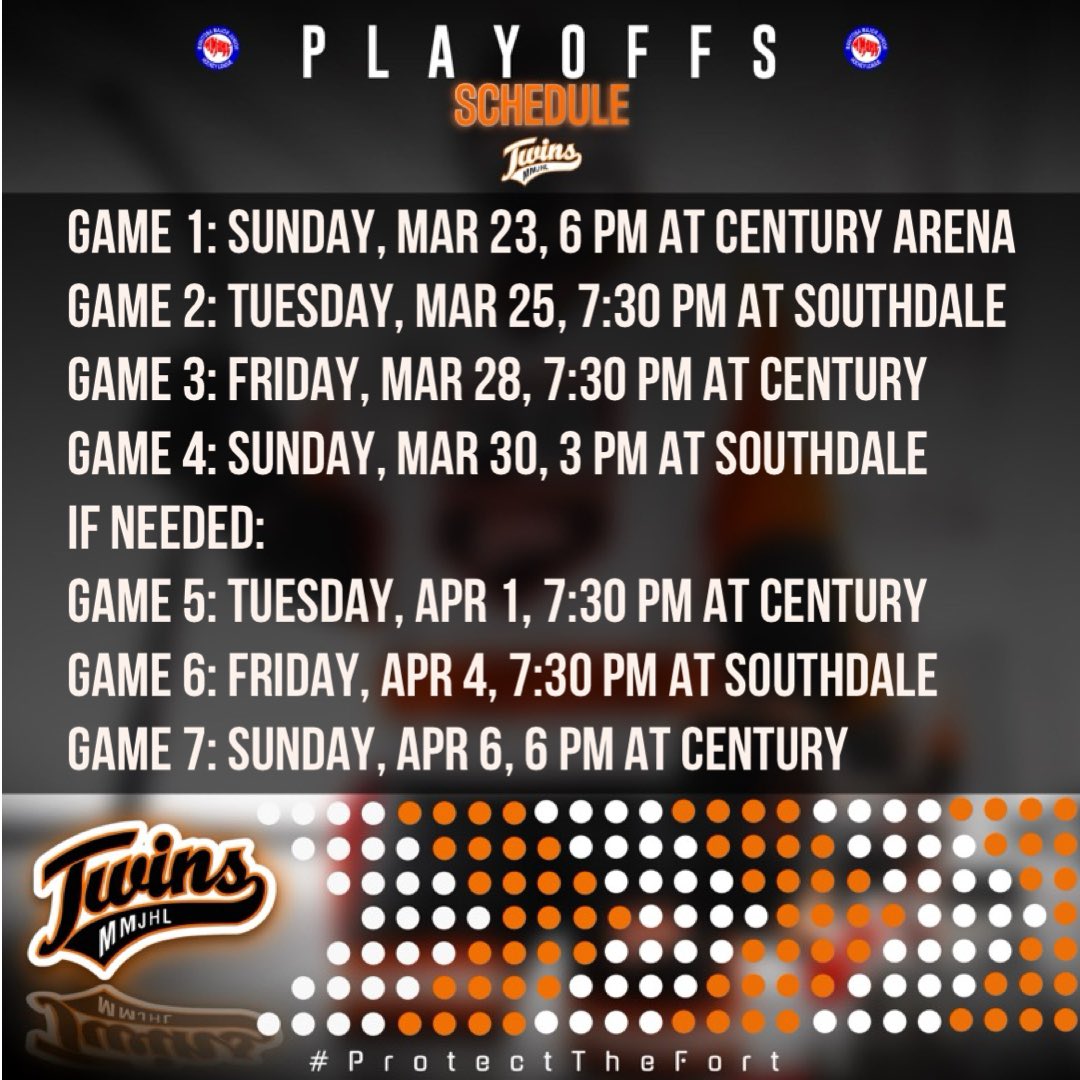 Round 2 is set!
The Twins will take on <a href="/rielsMMJHL/">St. Boniface Riels</a>. 

Save the dates and come out to cheer on your team! 📣🟠⚫️

mmjhl.ca/schedule.php?s…