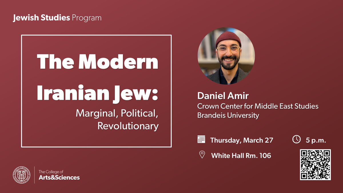 Cornell University Jewish Studies (@cornelljwst) on Twitter photo Join us 3/27 for "The Modern Iranian Jew: Marginal, Political, Revolutionary, " lecture with <a href="/Daniel_Amir1/">Daniel Amir</a>
events.cornell.edu/event/lecture-ā¦
<a href="/CornellCAS/">CornellArts&Sciences</a> <a href="/CornellNES/">Cornell University Near Eastern Studies</a> <a href="/sochum/">Cornell Society for the Humanities</a> <a href="/EinaudiCenter/">Einaudi Center at Cornell</a> Join us 3/27 for "The Modern Iranian Jew: Marginal, Political, Revolutionary, " lecture with <a href="/Daniel_Amir1/">Daniel Amir</a>
events.cornell.edu/event/lecture-ā¦
<a href="/CornellCAS/">CornellArts&Sciences</a> <a href="/CornellNES/">Cornell University Near Eastern Studies</a> <a href="/sochum/">Cornell Society for the Humanities</a> <a href="/EinaudiCenter/">Einaudi Center at Cornell</a>