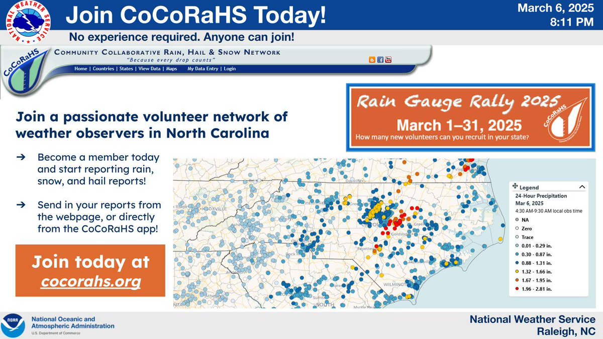 Are you interested in weather and helping us get crucial precipitation observations? <a href="/CoCoRaHS/">CoCoRaHS</a> is the group to join! We are especially interested in observers in Anson, Stanly, Montgomery, Scotland, Richmond, Hoke, Lee, Person, Granville, Vance, Warren and Halifax counties. #ncwx