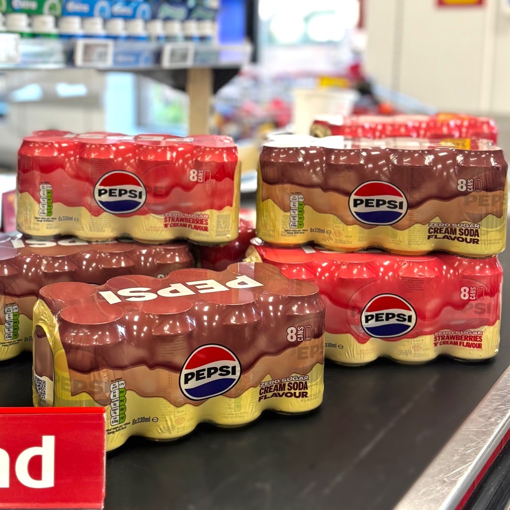 Your favourite drink in two #NEW flavours! 🤯 

Pepsi Strawberries &amp; Cream and Pepsi Cream Soda! 💗