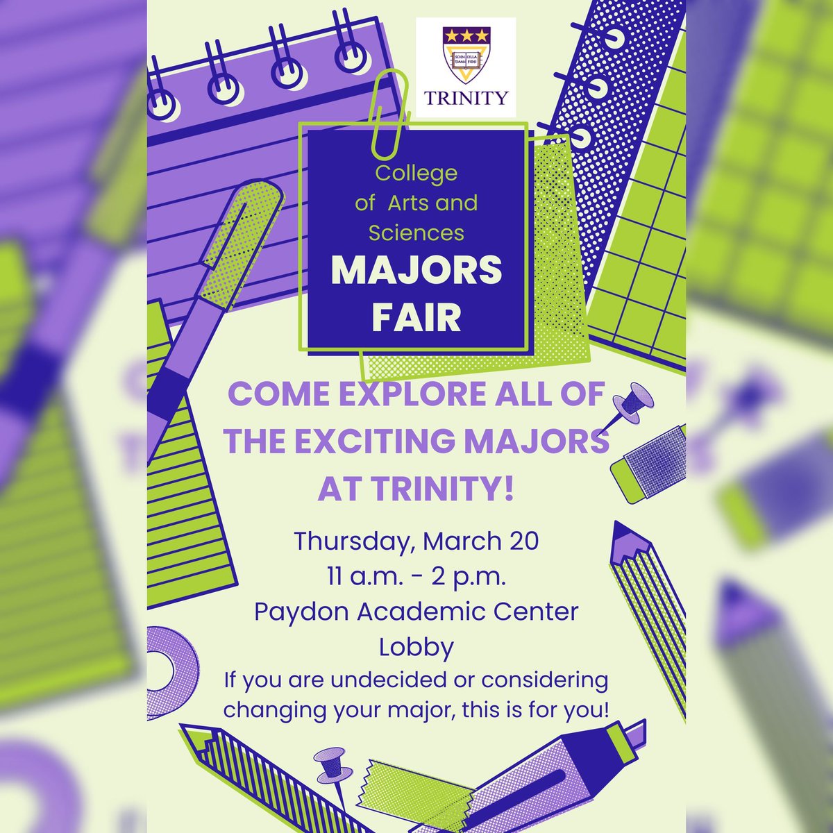 TrinityDC's tweet image. TOMORROW: Undecided about your major? Considering a change? Stop by the CAS Majors Fair in Payden Lobby, 11am-2pm! Explore all the exciting academic paths Trinity offers! #TrinityDC #AcademicExcellence #FindYourPath
