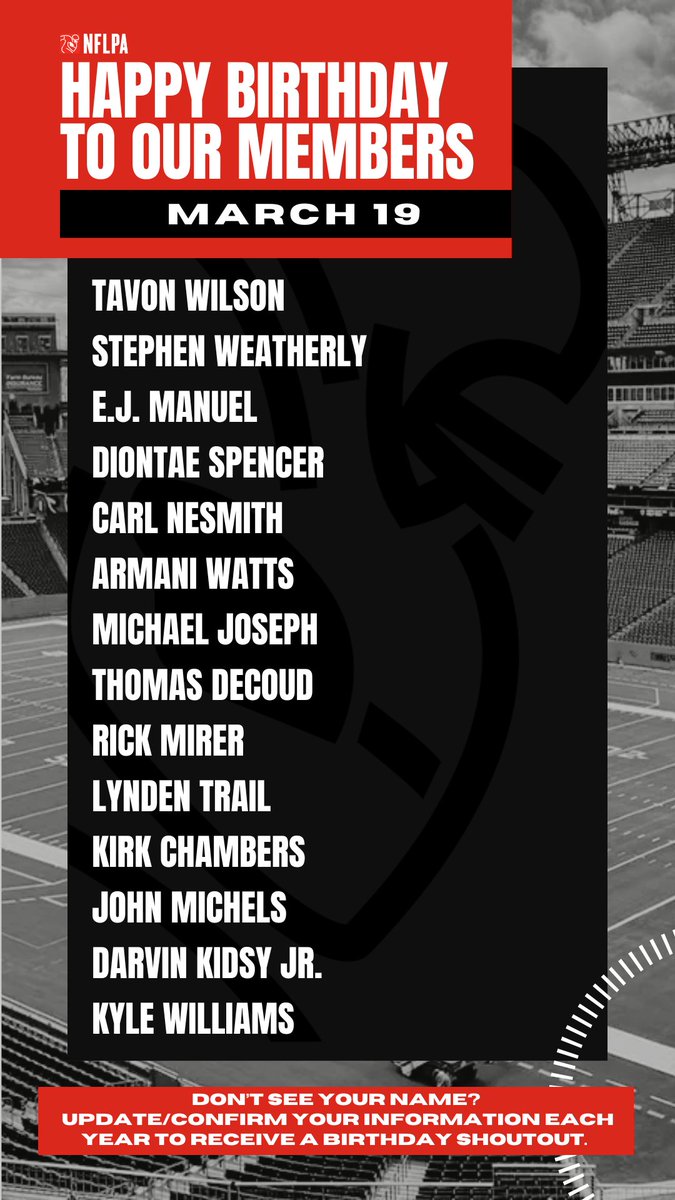 Happy birthday to our members <a href="/tavonwilson/">Tavon Wilson</a> <a href="/s_weatherly91/">Stephen Weatherly</a> <a href="/EJManuel3/">EJ Manuel</a> <a href="/DSpencer4_/">Diontae Spencer</a> @coachnesmith1 @armaniwatts23 @_michaeljoseph_ <a href="/TwentyJuan21/">Thomas DeCoud</a> @rickmirer <a href="/LyndenTrail7/">TEAMTRAIL✊7⃣</a> <a href="/kirk67chambers/">Kirk Chambers</a> @DrJohnMichels <a href="/Dkidsy3/">Darvin Kidsy Jr</a> - Hope you have the happiest of birthdays!