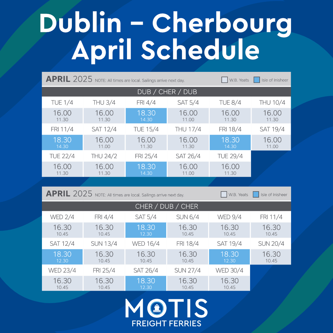 Motis (@motisireland) on Twitter photo Motis are happy to share the April schedule for the Dublin - Cherbourg - Dublin route!
Open an account to book over 500 routes now with ease:
motis.com/freight-ferries
Or contact our expert team at:
booking@motis.com
+44 (0) 2830 252500 Motis are happy to share the April schedule for the Dublin - Cherbourg - Dublin route!
Open an account to book over 500 routes now with ease:
motis.com/freight-ferries
Or contact our expert team at:
booking@motis.com
+44 (0) 2830 252500