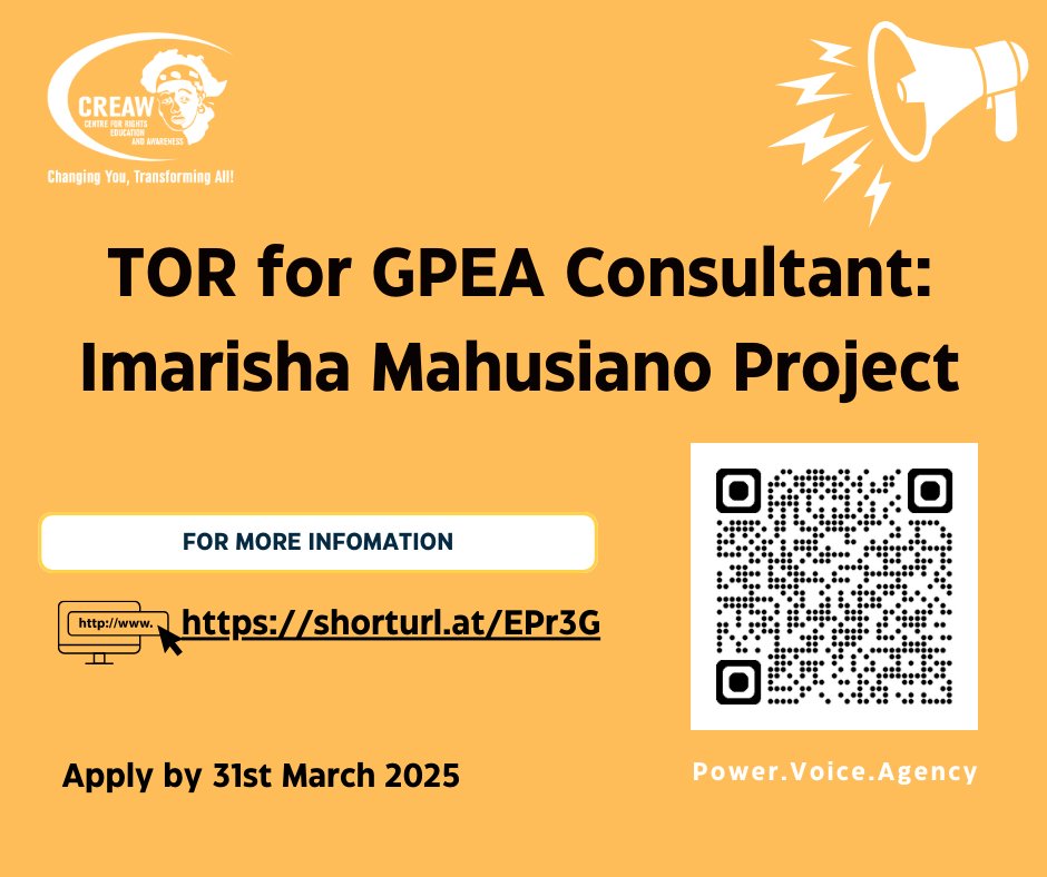 Consultancy Opportunity!

CREAW Kenya is seeking a Gendered Political Economy Analysis Consultant for the Imarisha Mahusiano program in Meru &amp; Tharaka Nithi Counties. If you have expertise in gender dynamics, policy analysis, and advocacy strategy development for preventing