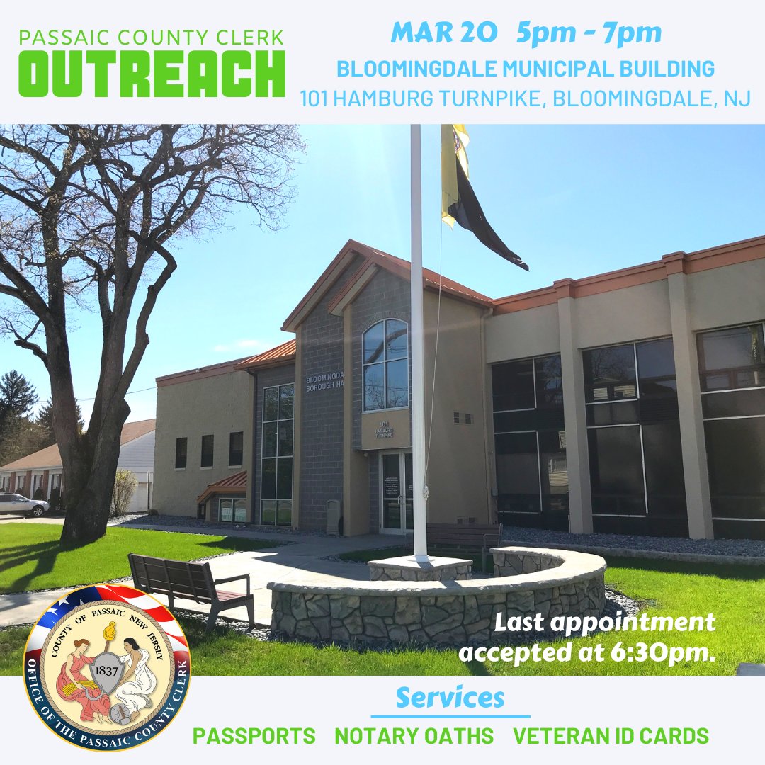 The Passaic County Clerk Outreach Program is coming to Bloomingdale tomorrow. Services are by appointment only. Book your appointment online smpl.is/a3qzz #NJ #passport #notarypublic #veteran #passaiccounty #bloomingdale