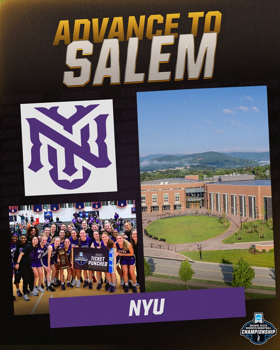 NCAADIII's tweet photo. SEMIFINAL BOUND ➡️  @nyuathletics 

NYU is on to the semifinals and looking to REPEAT as national champions! All the action takes place in Salem, VA beginning Thursday &amp; you can catch all the games on ESPN+.

#WhyD3 | #D3hoops https://t.co/74Y3uhdlmT