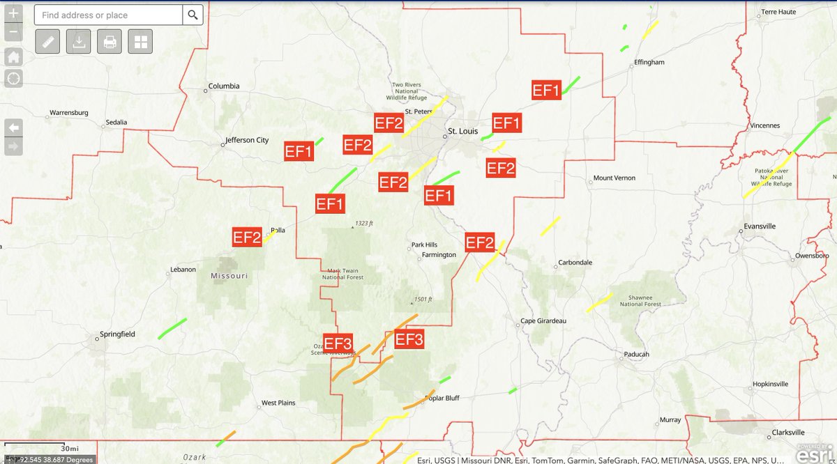 SteveTempleton's tweet photo. 13 tornadoes have been confirmed just in our coverage area from Friday March 14th.  2 EF3 tornadoes were south including Des Arc, MO.  6 EF2 tornadoes and 5 EF1 tornadoes https://t.co/noUXllhcYF