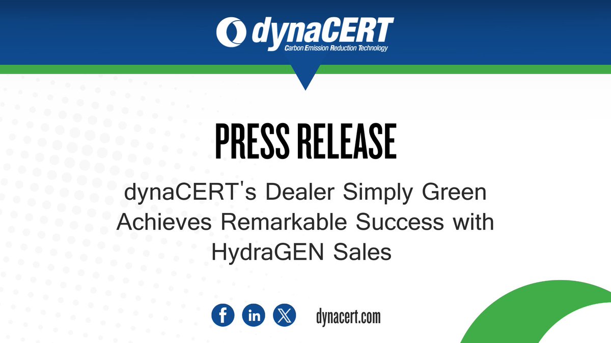 #NewsRelease! 👇

dynaCERT’s​ Dealer ​Simply Green Achieves Remarkable Success with HydraGEN™ Sales

Read the full details here: bit.ly/4idwtyP

$DYA $DYFSF
#Energy #CarbonEmission #Tech #GreenSolution #Hydrogen