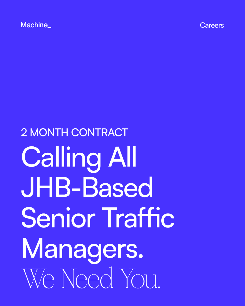 We’re on the hunt for a JHB-based Senior Traffic Manager to keep our creative wheels turning for the next two months. If you’re a master of organisation and a pro at managing timelines, we want to hear from you!
Ready to bring order to creative chaos? Apply now 👉