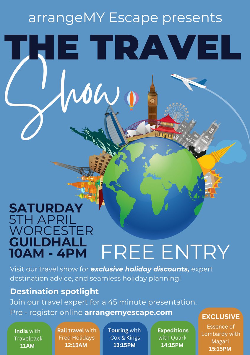 𝗧𝗵𝗲 𝗧𝗿𝗮𝘃𝗲𝗹 𝗦𝗵𝗼𝘄 𝗶𝘀 𝗻𝗲𝗮𝗿𝗹𝘆 𝗵𝗲𝗿𝗲! 🧳☀️✈️

Visit the <a href="/arrangeMYescape/">arrangeMYescape 01905 675015</a> Travel Show for exclusive holiday discounts &amp; expert advice.
⌚10-4
📅5 April
📌The Guildhall
➡️Preregister at arrangemyescape.com

#travelshow #travelshowworcester #worcestershirehour