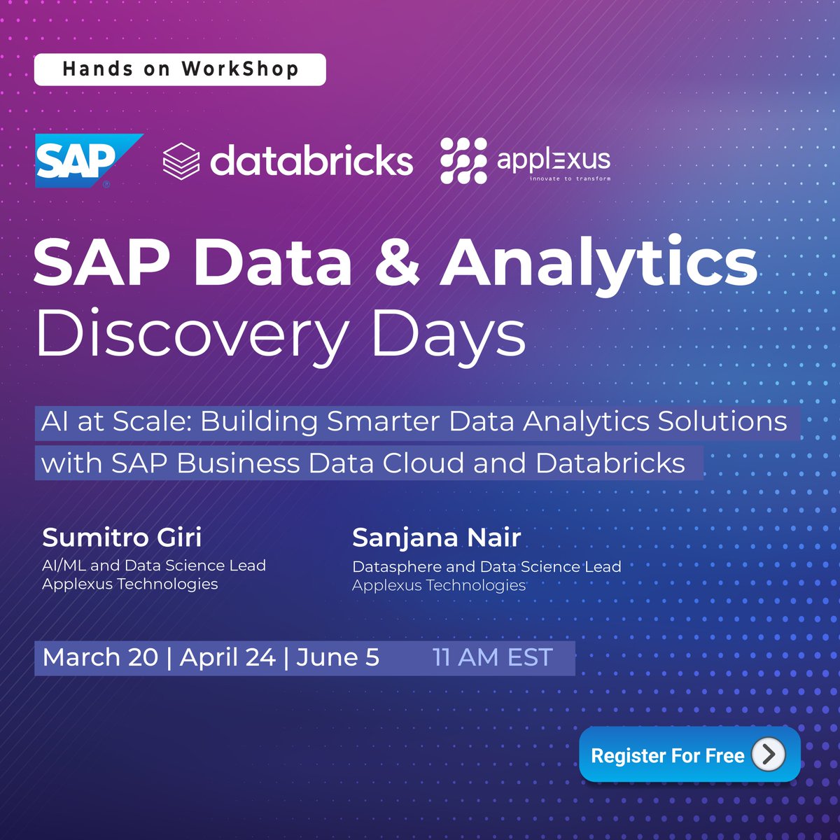 Applexus's tweet image. Helping businesses turn complex data into clear, actionable insights at the SAP Data &amp;amp; Analytics Discovery Days,

📅Join us for this exclusive 2-hour workshop, co-hosted with SAP.

🔗Register now: events.sap.com/applexus-ai-at…

#SAP #BusinessDataCloud #Data #AI #Databricks #Cloud