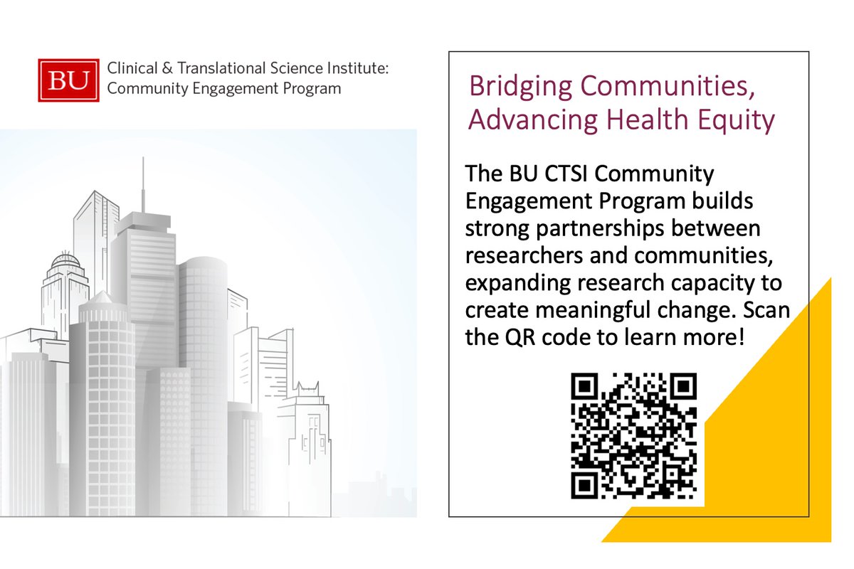 #Symposium_Ad| <a href="/BUCTSI_CE/">BU CTSI Community Engagement</a> Bridging Communities, Advancing Health Equity! The Community Engagement Program builds strong partnerships to expand research capacity &amp; create meaningful change. Scan the QR code to learn more! #HealthEquity #CommunityEngagement <a href="/BU_CTSI/">BU Clinical and Translational Science Institute</a>