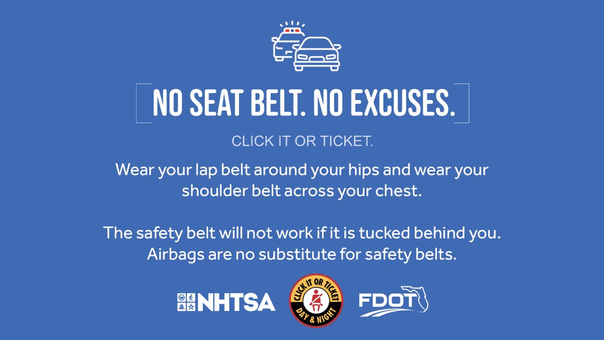 No seat belt. No excuses!
Wear your seat belt correctly. The safety belt will not work if its tucked behind you. 

For more info on seat belt safety, go to: fdot.gov/agencyresource…