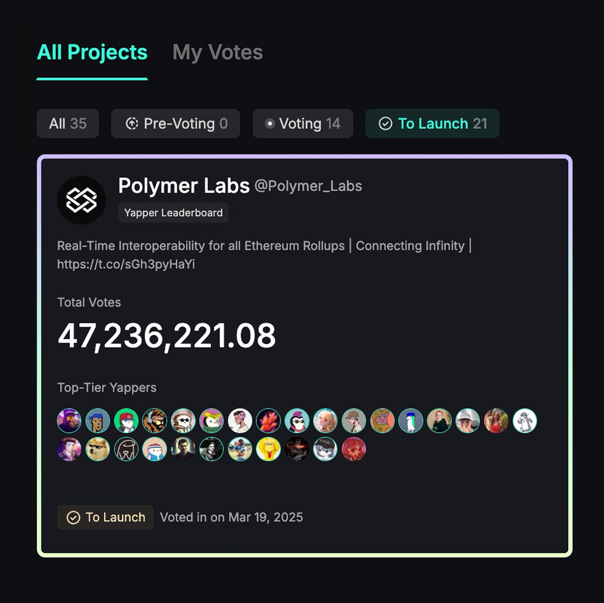 KaitoAI's tweet photo. .@Polymer_Labs is the next Pre-TGE project selected from the Yapper Launchpad!

Voted for by all of you - their leaderboard coming in ~7 days time 🫡 https://t.co/VZ4poHHvaW