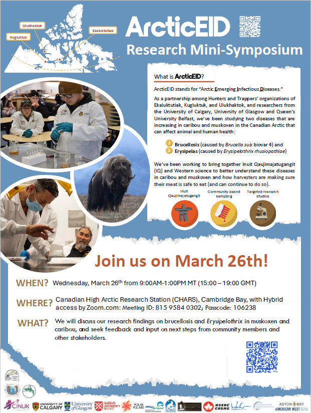 Collaboration POLAIRE et CINUK - résultats! Joignez-vous au UCalgary - Kutz Research Group le mercredi 26 mars en personne ou en ligne alors qu’ils discutent les résultats de recherche de leur projet, Arctic Emerging Infectious Diseases (ArcticEID) des 3 dernières années.