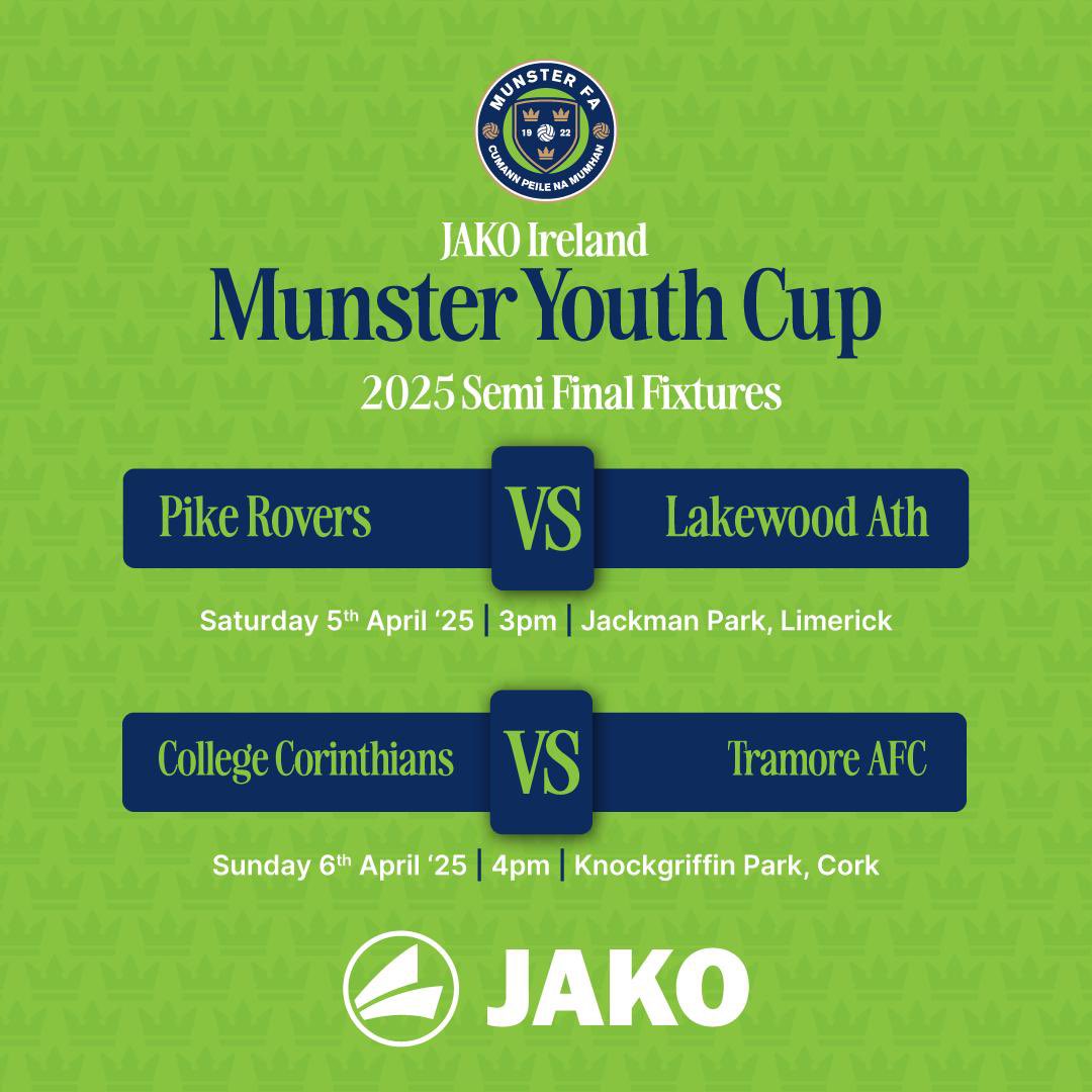 Semi Final lineups complete for our 4 men’s competitions. Congrats to all on your journey so far. Busy few weeks ahead starting with <a href="/DouglasHallAFC/">Douglas Hall AFC/LFC</a> v <a href="/CobhRamblersFC/">Cobh Ramblers FC</a> in the <a href="/GrandonsToyota/">Grandons Toyota Cork</a> Munster Senior Cup SF Mon 24th 8pm.

<a href="/mig_ie/">McCarthy Insurance Group</a> <a href="/JAKOIreland/">JAKO Ireland</a> <a href="/echolivecork/">EchoLive.ie</a> <a href="/BigRedBench/">RedFM Sport</a>
