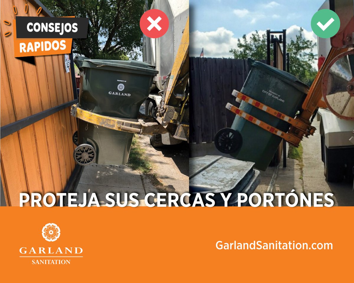 garlandtxgov's tweet image. City ordinance requires 4 feet of clearance from fences, gates and other objects. Provide enough clearance to prevent property damage. You may need to leave your fence gate open so we may safely service your carts. Visit GarlandSanitation.com/3663/Sanitation to learn more.